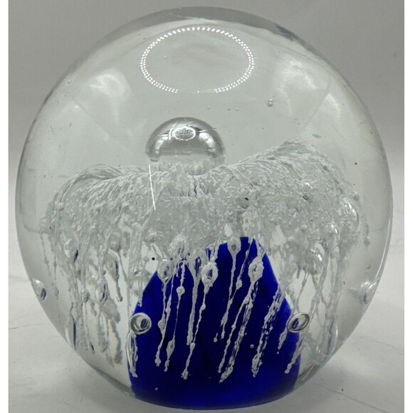 Cobalt Blue White Ghost Fish Flower Eye Trailing Bubbles Hand Blown Paperweight - Picture 2 of 5